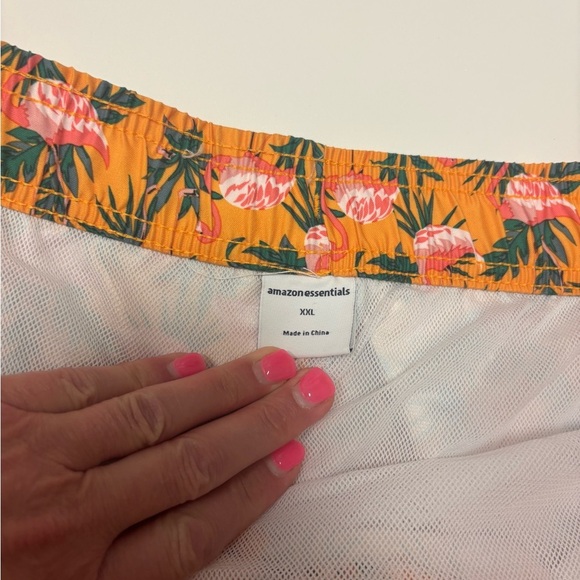Men’s Flamingo Print Swim Trunks | Tropical Orange Shorts - Picture 3 of 4